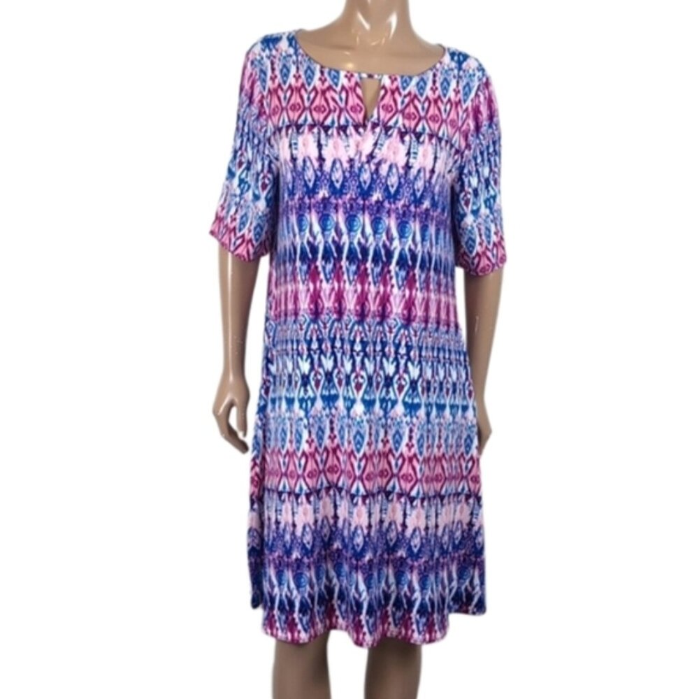 Chicos Ikat Print Dress Short Sleeve Keyhole Neck Casual Summer Jersey Stretch - Picture 1 of 13